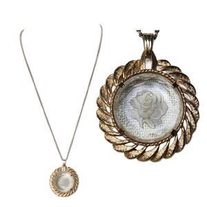Vintage Reverse Intaglio Rose Pendant Necklace